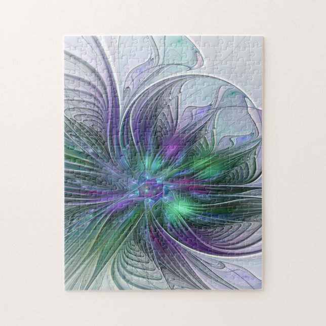 Quebra-cabeça Flor Moderna Abstrata Fractal Roxa Verde (Vertical)