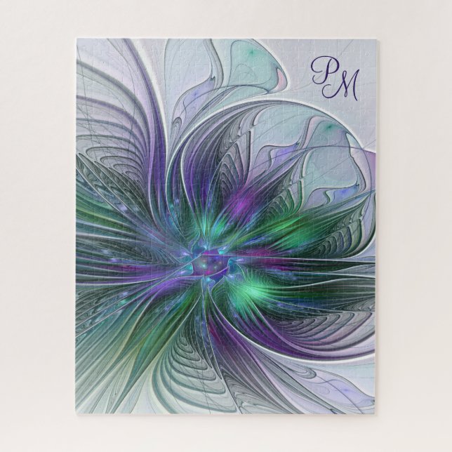 Quebra-cabeça Flor Monograma Moderno Abstrato Roxo Verde (Vertical)