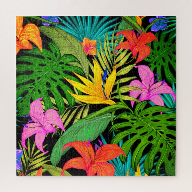 Quebra-cabeça Flor tropical e folha de palma Havaí colorida (Vertical)
