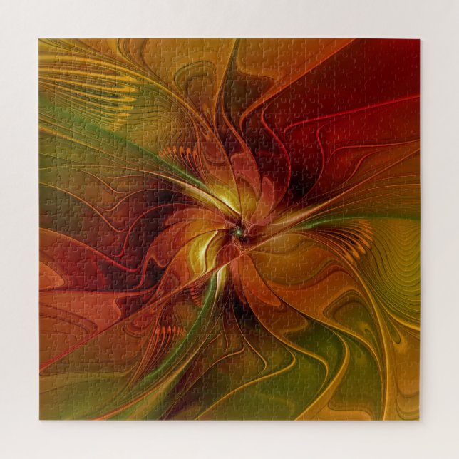 Quebra-cabeça Flor verde-laranja-abstrato Vermelho Castanho-Cast (Vertical)