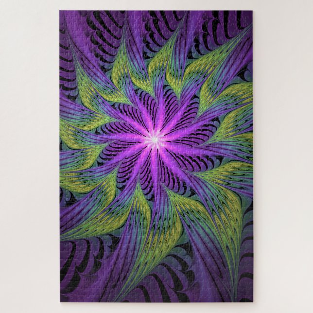 Quebra-cabeça Flor Verde Roxo, Abstrato, Arte Fractal (Vertical)