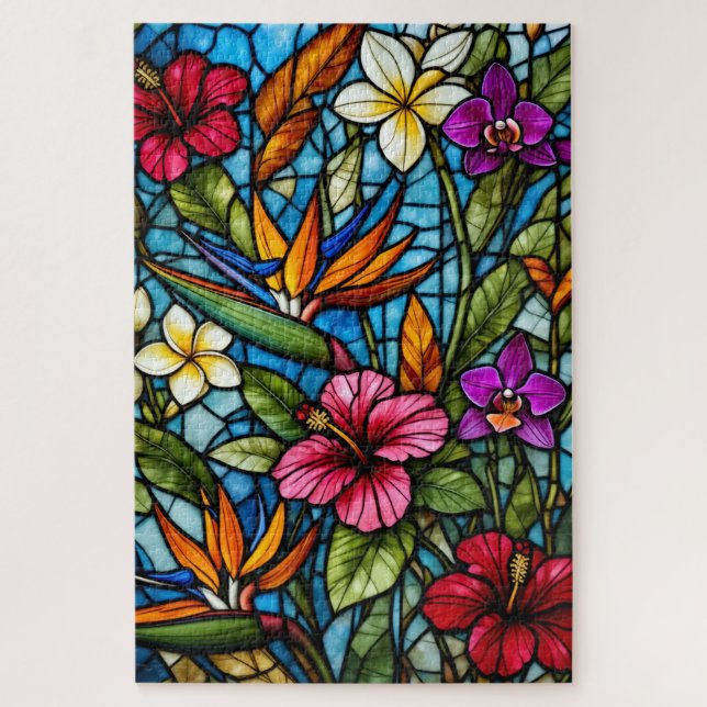 Quebra-cabeça Floração Tropical em Vitral Floral Vibrante  (Vertical)