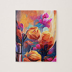 Quebra-cabeça Floral Abstrato Art Laranja Vermelho Azul Flores