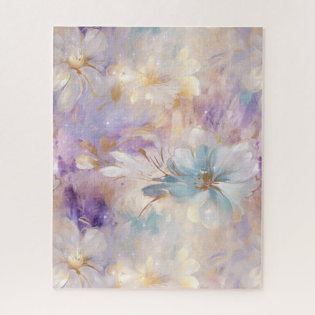 Quebra-cabeça Floral Azul Púrpura Dourado Branco (Vertical)