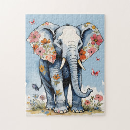 Quebra-cabeça Floral Elephant Watercolor com flores silvestres