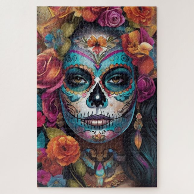 Quebra-cabeça Floral Fiesta: Mulher Abraça Dia de los Muertos (Vertical)