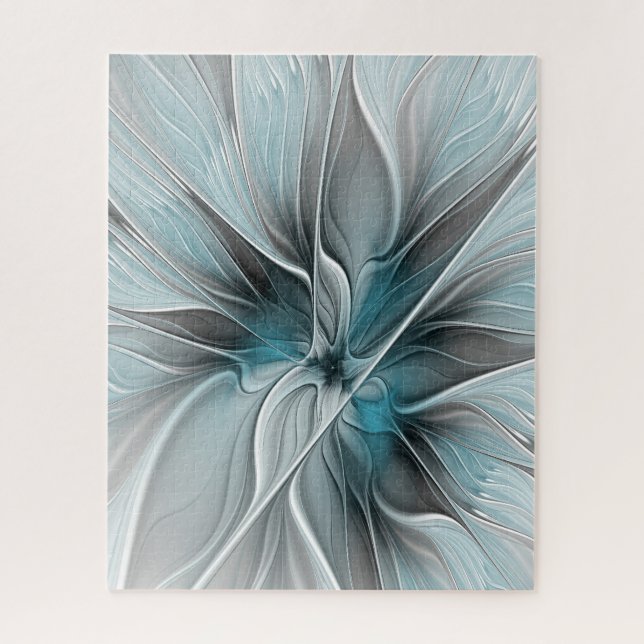 Quebra-cabeça Floral Fractal Moderno Abstrato Flor Azul Cinza (Vertical)