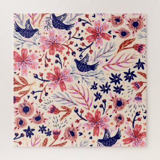 Quebra-cabeça Floral, pássaros, padrão contínuo de colheita.