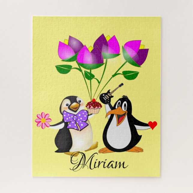 Quebra-cabeça Floral Penguin Hearts Happy Namorado (Vertical)