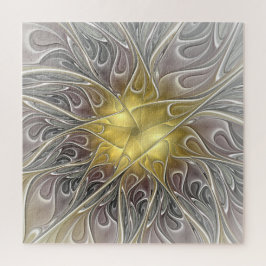 Quebra-cabeça Floreio Com Dourada Flor Fractal Abstrato Moderna