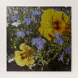 Quebra-cabeça flores amarelas azuis e brancas, no estilo abstrat