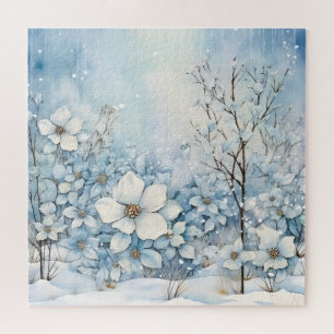 Quebra-cabeça Flores Azuis e Brancas Na Neve Invernal