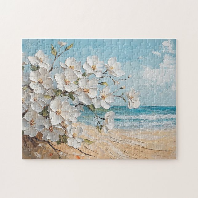 Quebra-cabeça Flores Brancas na Pintura de Óleo de Praia (Horizontal)