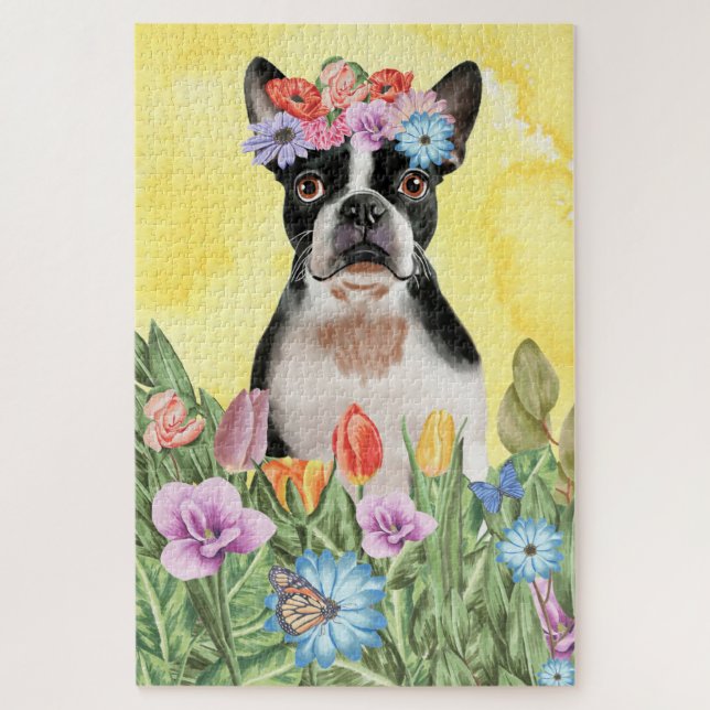 Quebra-cabeça Flores de Boston Terrier (Vertical)