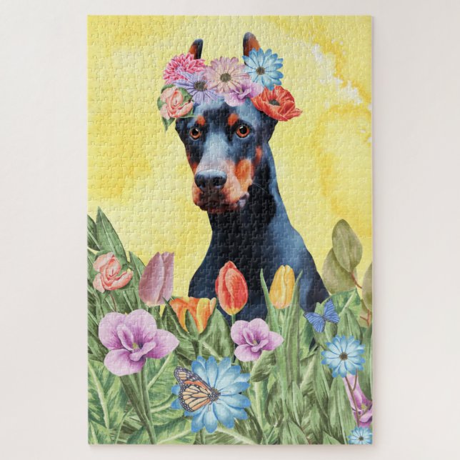 Quebra-cabeça Flores De Cachorro Doberman (Vertical)