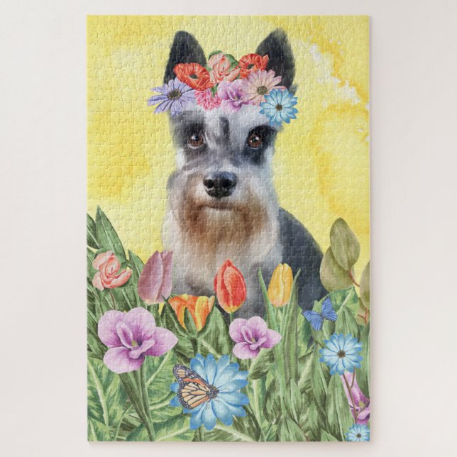 Quebra-cabeça Flores de Cachorro Miniatura Schnauzer (Vertical)