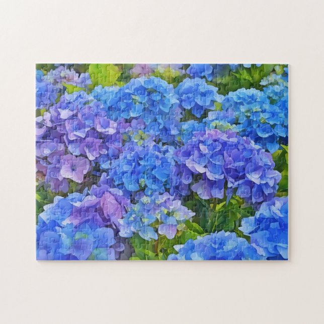 Quebra-cabeça Flores de Hydrangea Azul Estilo de Aquarela Floral (Horizontal)