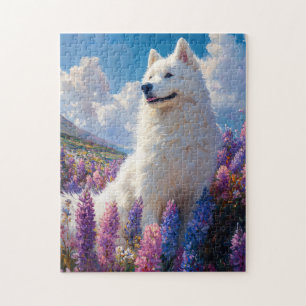 Quebra-cabeça Flores De Lupina Púrpura De Cão Samojado