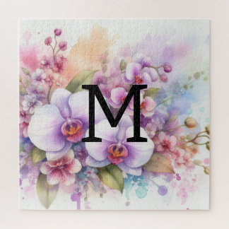 Quebra-cabeça Flores de orquídeas cor-de-água, monograma, cor-de