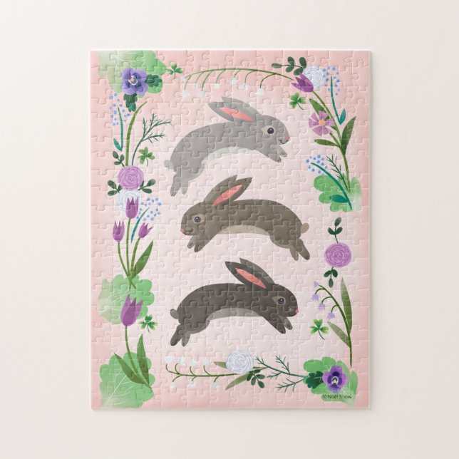 Quebra-cabeça Flores de primavera e coelhos saltadores | (Vertical)