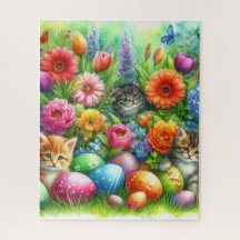 Flores de Primavera Ovos de Páscoa e Gatinhos no J