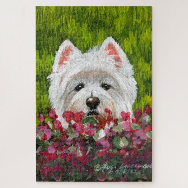 Quebra-cabeça Flores de Westie e Rosa (Vertical)
