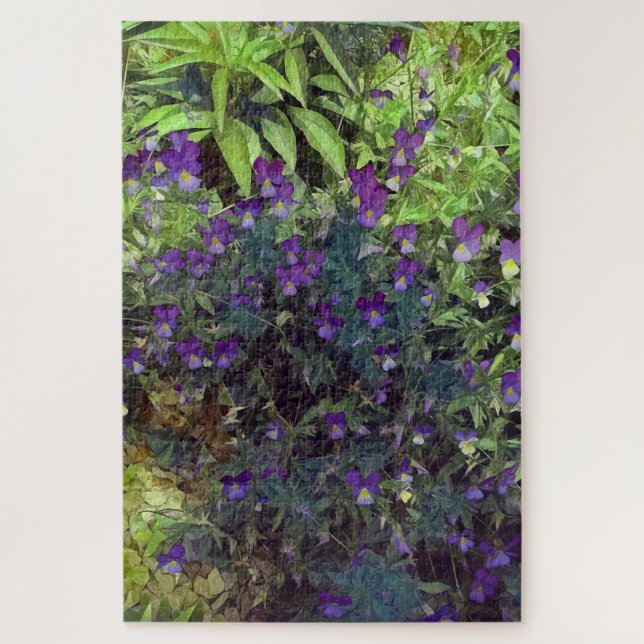 Quebra-cabeça Flores e folhas de amor-perfeito roxas e verdes (Vertical)