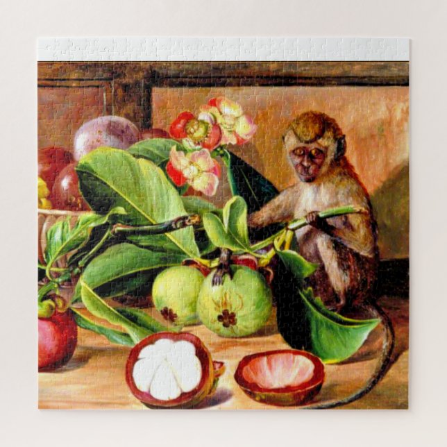 Quebra-cabeça Flores e frutos de Mangosteen; Macaco de Singapura (Vertical)