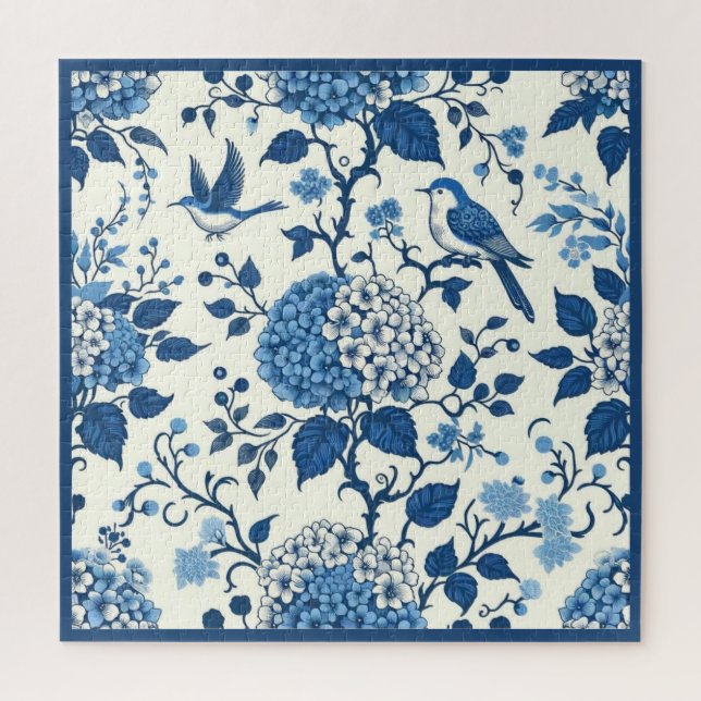 Quebra-cabeça Flores e Pássaros Brancos e Azuis Chinoiserie (Vertical)