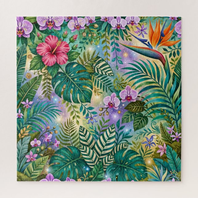 Quebra-cabeça Flores Fantasia da Selva Roxo Verde Dourado Sonhad (Vertical)