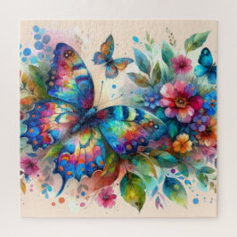 Quebra-cabeça Flores Florais De Borboleta De Aquarela Azul Rosa