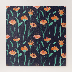 Quebra-cabeça Flores Laranja Fantasias: Padrão Escuro Aquarela.