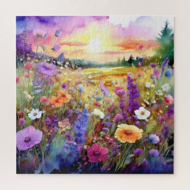 Quebra-cabeça Flores silvestres ao pôr do sol em aquarela (Vertical)