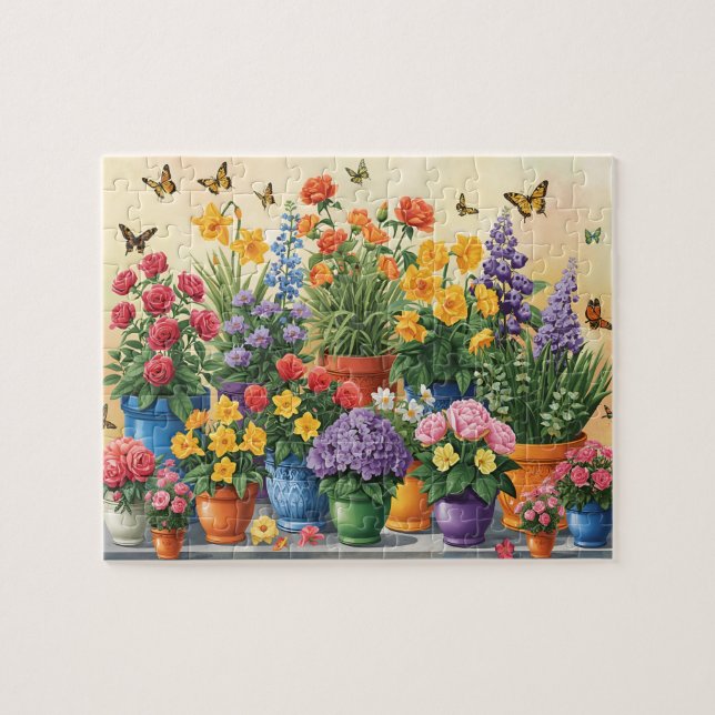 Quebra-cabeça Flores Vibrantes em Vasos e Borboletas (Horizontal)