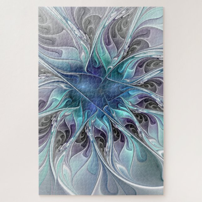 Quebra-cabeça Florescer Abstrato Moderno Floral Fractal Azul (Vertical)