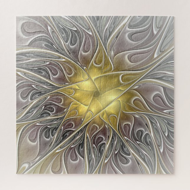 Quebra-cabeça Florescer Com Flor Fractal Abstrata Moderna Dourad (Vertical)
