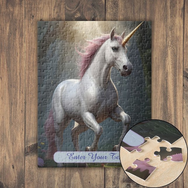 Quebra-cabeça Floresta Branca Personalizada de Unicórnio (Personalized White Unicorn Forest Jigsaw Puzzle)