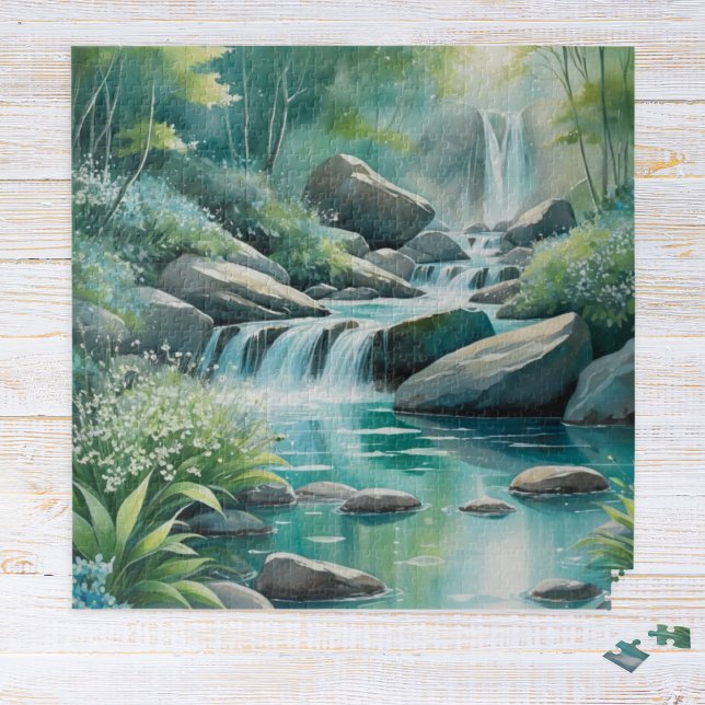Quebra-cabeça Floresta Córrego Bosque Cachoeiras Aquarela (A jigsaw puzzle with illustration of a woodland river in a watercolor style)