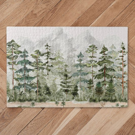 Quebra-cabeça Floresta de Pinheiros Verde Aquarela na Montanha