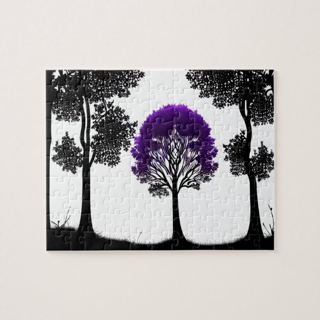 Quebra-cabeça Floresta de Silhueta de Árvore Roxo Vibrante (Horizontal)