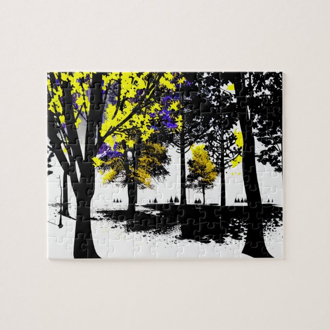 Quebra-cabeça Floresta Silhouette abstrato com Amarelo e Roxo (Horizontal)
