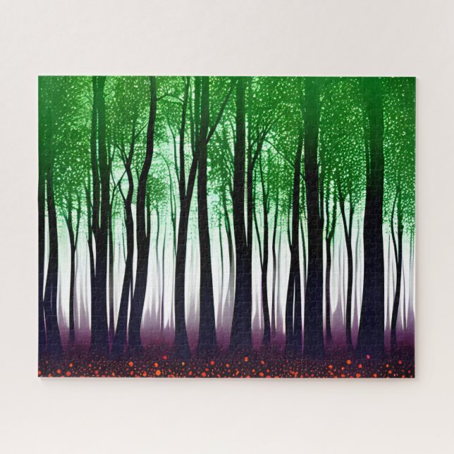 Quebra-cabeça Floresta Silhueta com Púrpura de Folhas Verde (Horizontal)