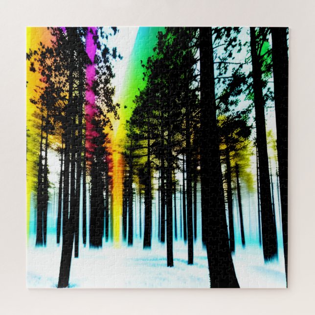 Quebra-cabeça Floresta Silhueta Negra com Cores Arco-íris (Horizontal)