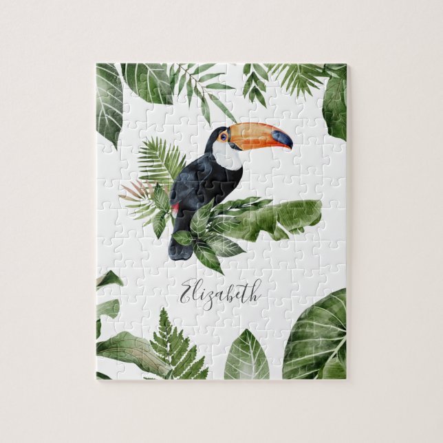 Quebra-cabeça Floresta Tropical Tucano Fofo Nome Personalizado (Vertical)