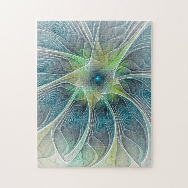 Quebra-cabeça Flourando Fantasia Moderna Azul Flor Fractal Verde (Vertical)