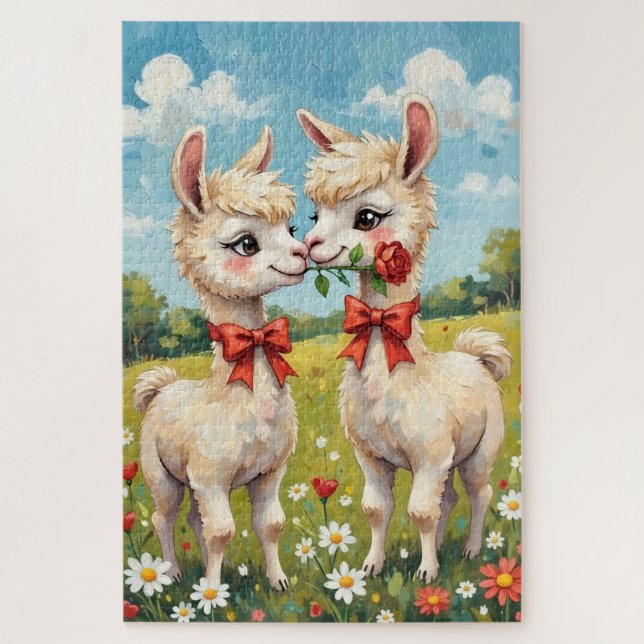 Quebra-cabeça Fluffy Alpaca Couple With Red Bows Art (Vertical)