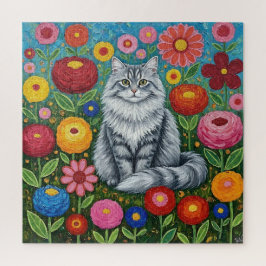 Quebra-cabeça Fluffy Gray Striped Cat with Folk Art Flowers