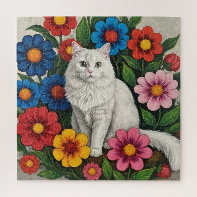 Quebra-cabeça Fluffy White Cat and Folk Art Flowers (Vertical)