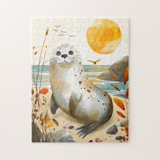Quebra-cabeça Foca de desenho animado relaxando na rocha (Vertical)