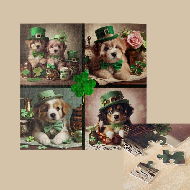 Quebra-cabeça Fogões irlandeses e bonitos de Dia de São Patrício (St Patrick's Day Cute Irish Puppies Green Party Puzzle
)